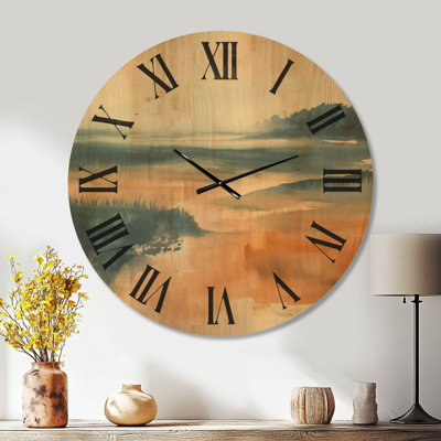 Horloge murale ronde en bois, motif de marais côtier abstrait - Aquarelle bleue