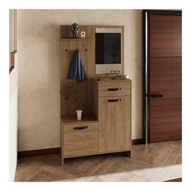 Parker 75" Tall Mirrored Tree Hall with Hangers, Three Shelves, Two Cabinets, One Drawer, Entry way, Console Table, Living Room Light Oak