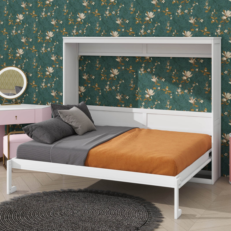 Lit mural moderne convertible pour petites chambres, Blanc, Grand lit