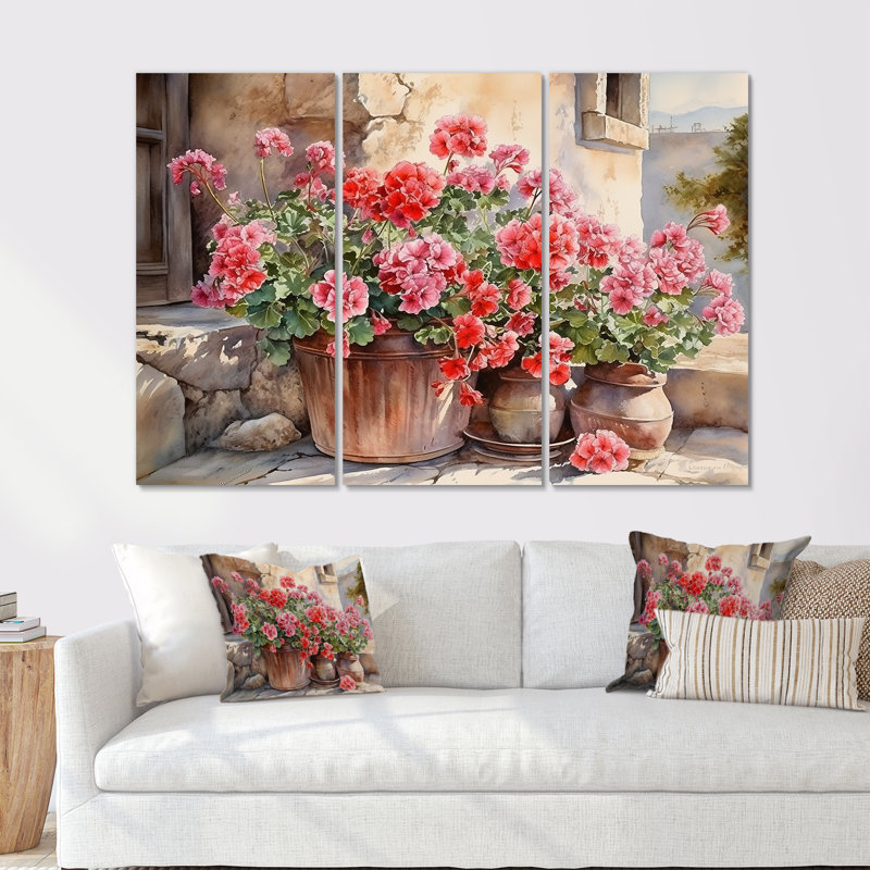 «Poteries Geraniums Sunset - Geraniums», ensemble de reproduction d'art mural, H 40 po x l 60 po x P 1 po