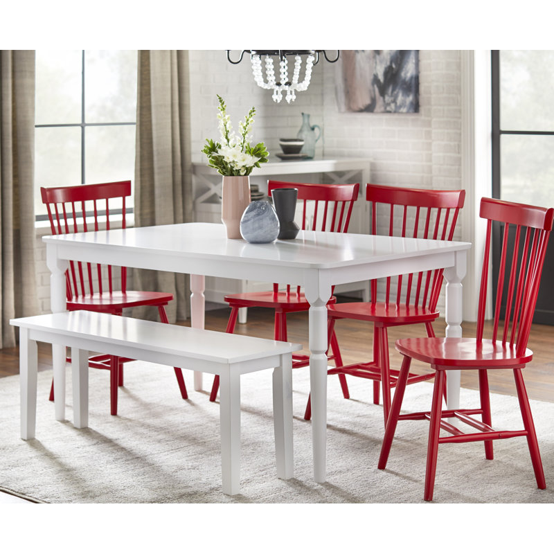 Aulii 6 - Piece Rectangle Table, Bench, Windsor Chairs Dining Set, Red