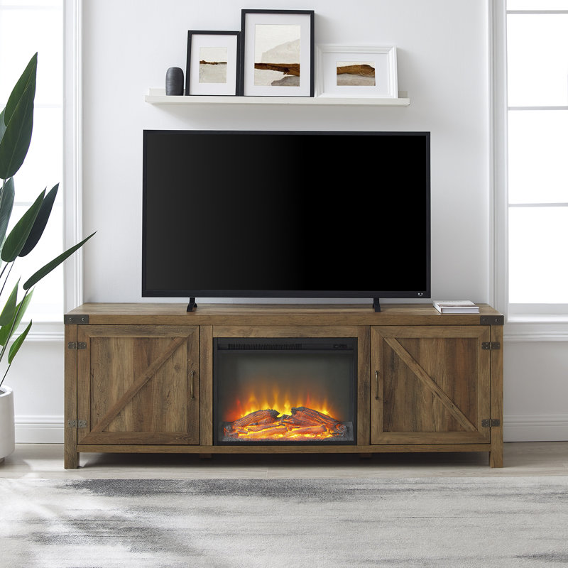 Meuble télé de 58 po avec porte de grange et foyer électrique Marckson, 70" W x 15.5 D, Chêne rustique
