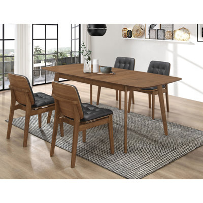 Mid-century Modern 5 Rectangular Dining With Natural Walnut Table, Extendable Functionality, And Black Upholstered Side Chairs Featuring Tabletop, Sol