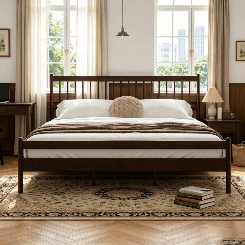 Lit de style traditionnel avec tête de lit, pied de lit et structure en bois de pin renforcé, King, Brown