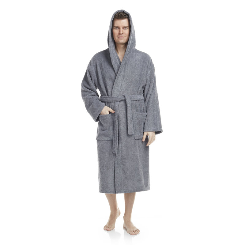 Peignoir mi-mollet 100% coton avec poches et capuche Clyda, Petit / Moyen, Gris