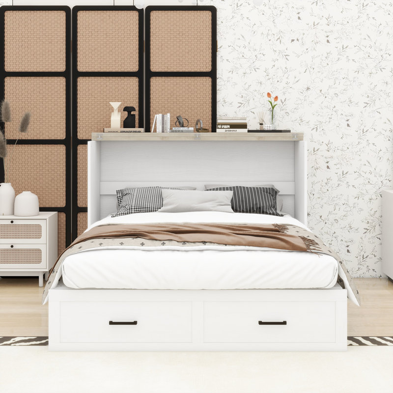 Wooden Murphy Bed with Built-in Charging Station and Storage Drawers, White, Queen