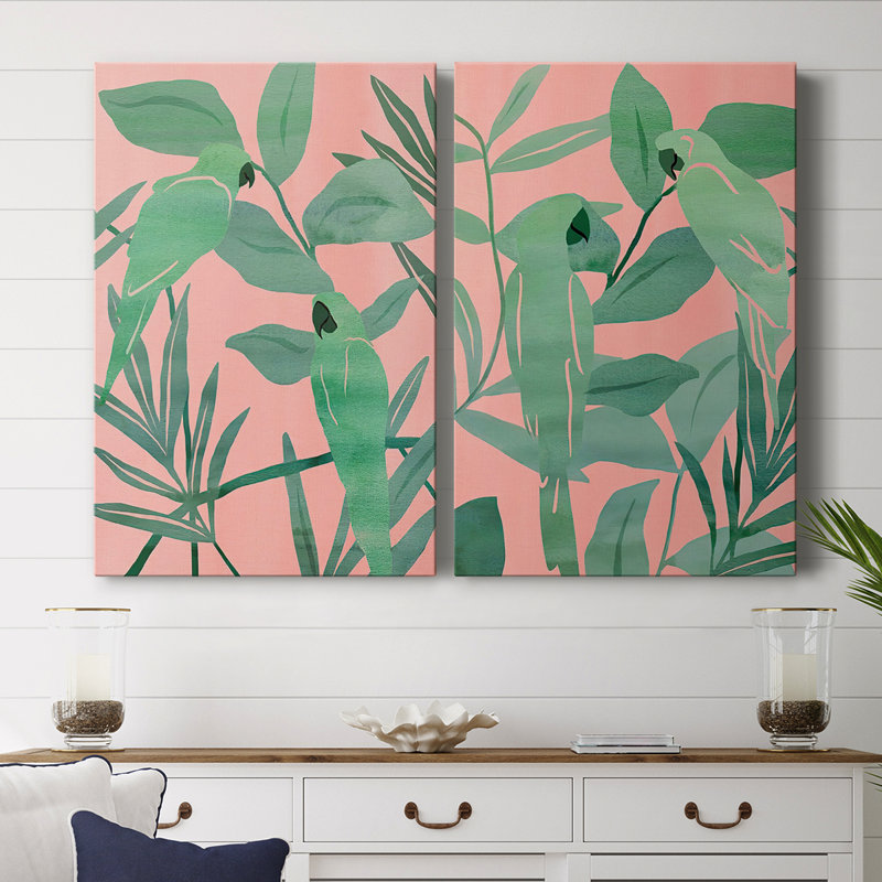 Oiseaux de paradis roses et verts - Toile tendue avec châssis de qualité supérieure - Prêt à être accroché, H 27 po x l 18 po