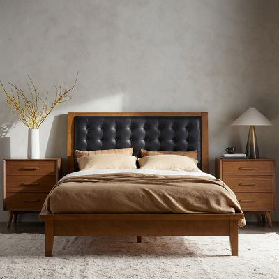  Aviannah Mid-Century Modern 62.25'' W Genuine Leather Solid Wood Platform Bed with Charging Ports