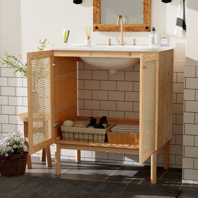 30-Inch Bathroom Vanity Crafted From Natural Materials, Featuring Handmade Rattan Doors And Soft-Closing Mechanisms