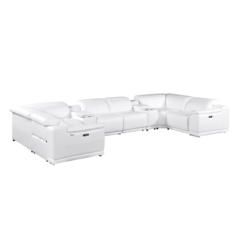 Jignesh 8 Piece 4 Power Recliner Top Grain Italian Leather Sectional, Jignesh White Genuine Leather