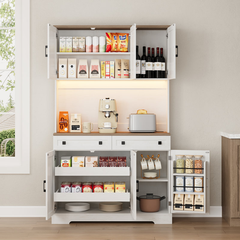 70.8" Built-in Kitchen Pantry with Charging Station, Microwave Shelf and LED Lighting, White