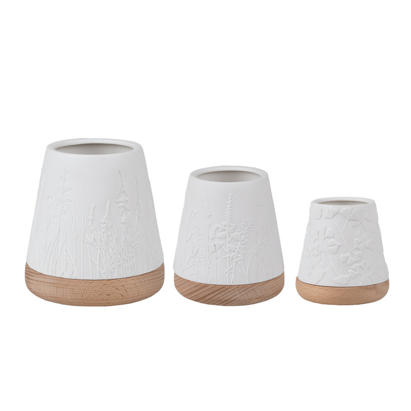Porcelain Poetry Lantern Set with Beechwood Base - 3 Pieces