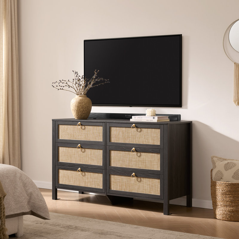 Ensemble de chambre à coucher 3 pièces, commode 6 tiroirs et tables de chevet 1 tiroir Boho, Black