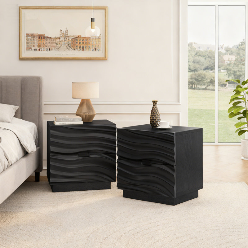 Solid Wood Nightstand With 2 Drawers, Handle-Free Bedside Table Set Of 2, Set of 2, Black