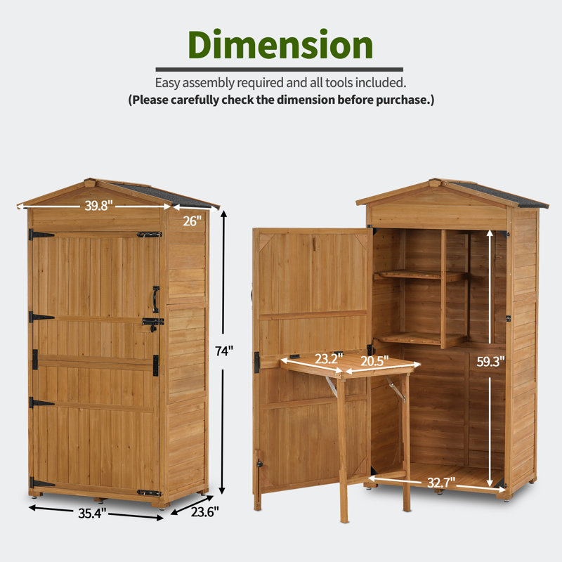 Natural Fir Wood Lockable Outdoor Storage Shed with Folding Table