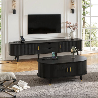 Wooden Farmhouse TV Stand & Coffee Table Set With Charging Station