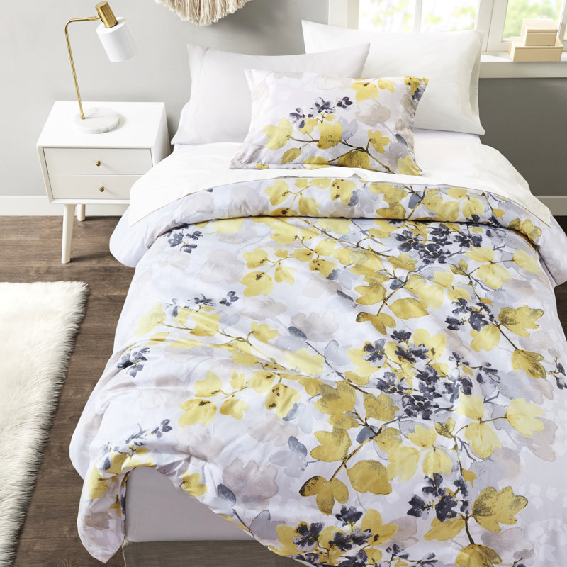 Édredon pour lit simple TG et drap - imprimé feuille gris-jaune, microfibre ultra douce, rembourrage, poches latérales ajustées pour un rangement supplémentaire, ensemble de literie complet, imprimé botanique à feuilles longues
