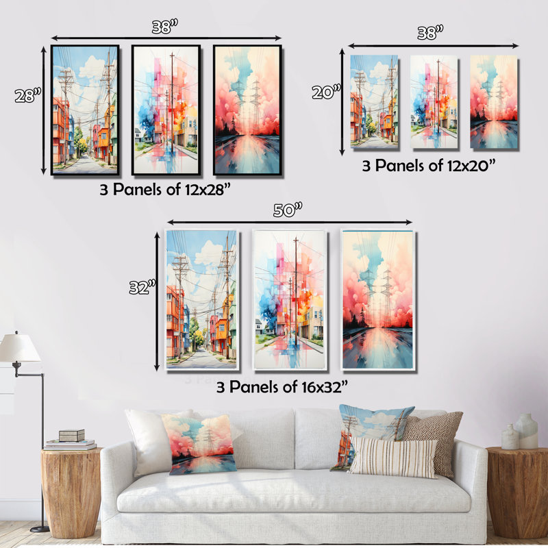 «Colorfull Power Lines Gridscape Serenade», 3 pièces sur toile, Cadre flottant doré, H 40 po x l 60 po