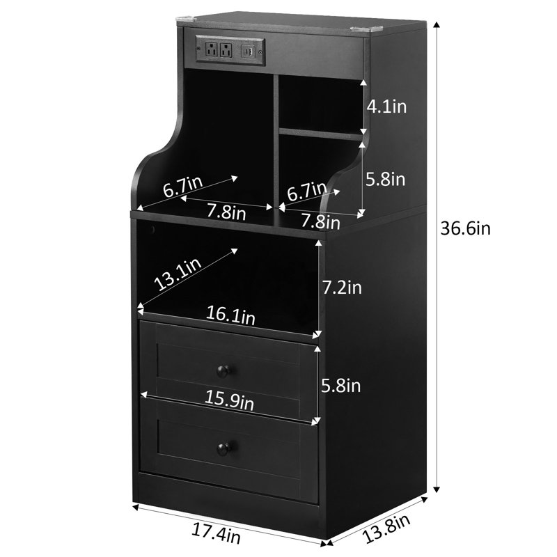 Grande table de chevet avec station de charge et éclairage DEL, 2 tiroirs, Noir