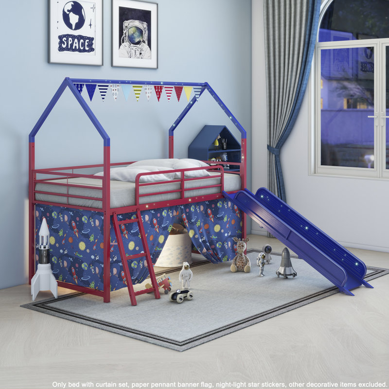 Ensemble lit mezzanine simple avec glissade et rideau Jack Junior, Rouge / Bleu
