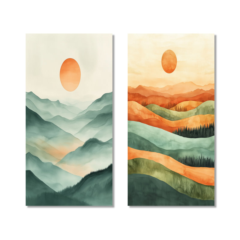 Coucher de soleil sur les collines ondulantes I - Ensemble de 2 tableaux muraux « Coucher de soleil », 60" H x 56" W