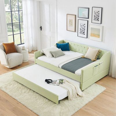 Lit de jour pleine grandeur, lit de jour convertible rembourré avec dossier capitonné, canapé-lit polyvalent 3 en 1 avec lit gigogne escamotable et rangement latéral, parfait pour une vie compacte