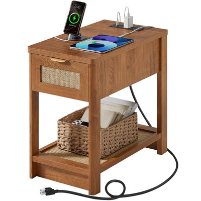 Narrow Night Stand with Charging Station, Boho Nightstand with Drawer, Bed Side End Table with Rattan Shelf for Small Spaces, Wood Nightstands Bedside Tables for Living Room Bedroom (Brown)