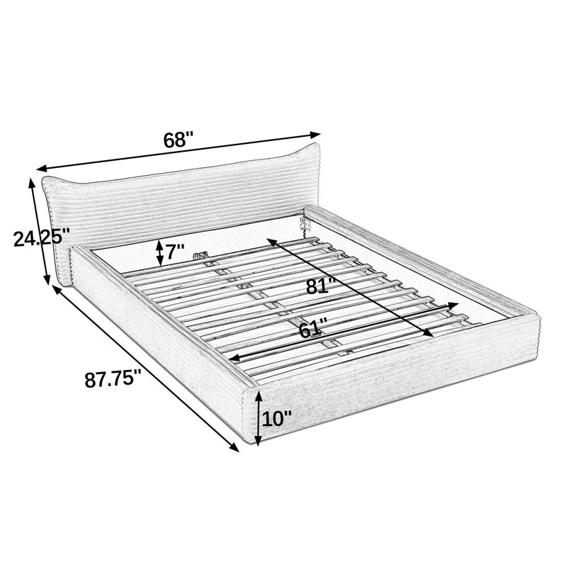 Queen Size Upholstered Bed Frame With Curved Headboard, No Box Spring Required, Beige