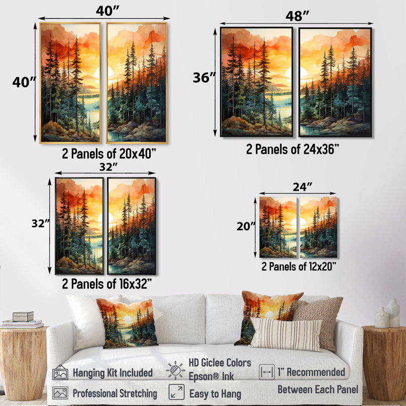 Pine Tree Sunset Glow II - impressions sur toile jaunes, 40" H x 40" W, Black, Impression encadrée flottante