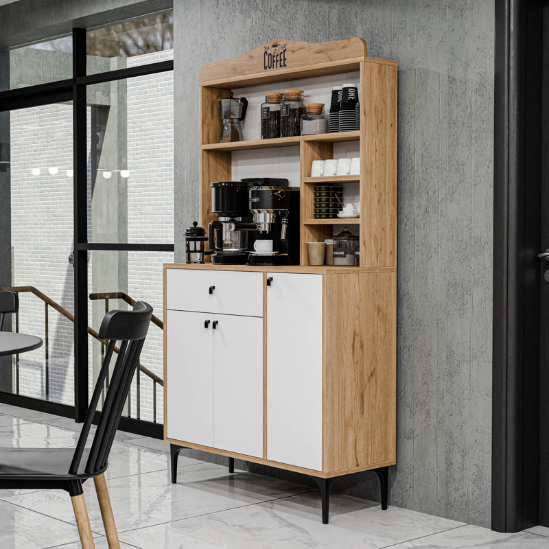 Armoire polyvalente polyvalente, chêne et blanc, 35,4 x 61,4 x 13,8 pouces | Panneau de particules 100% enduit de mélamine, fixation murale, pieds de 16,0 pouces, nombreuses tablettes pour le rangement et l'organisation | Idéal pour la maison ou le bureau