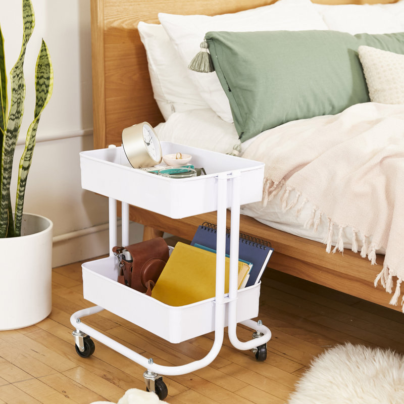 White Metal 2-Tier Rolling Utility Cart with Mesh Baskets