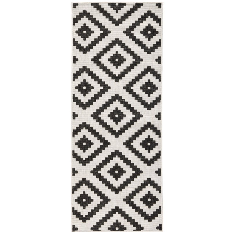 Malta - Indoor & outdoor rug, flat weave, living room, balcony, terrace, geo pattern - black cream, Runner 80 x 250cm