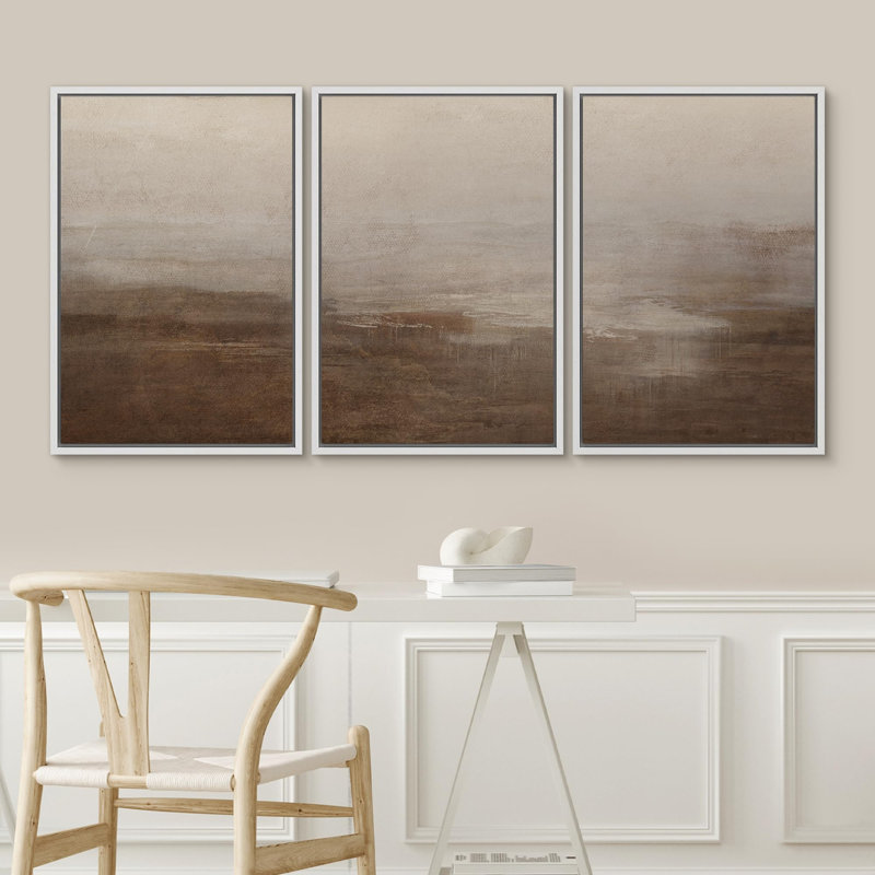 "Abstrait brumeux, paysage moderne, minimaliste, beige et brun, nature sauvage" - 3 pièces, Blanc, H 36 po x l 24 po