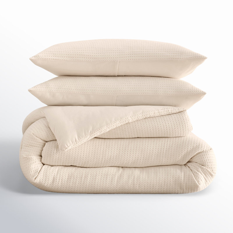 Felix Cotton Waffle Comforter Set, Full / Queen Comforter + 2 Standard Shams, Ivory