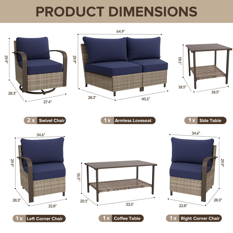 Ensemble de conversation pour 6 personnes avec chaises longues pivotantes, Bleu