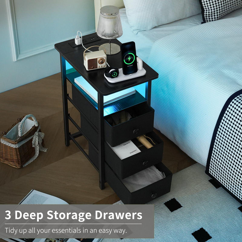 Black Metal and Fabric 3-Drawer Nightstand with LED Lighting