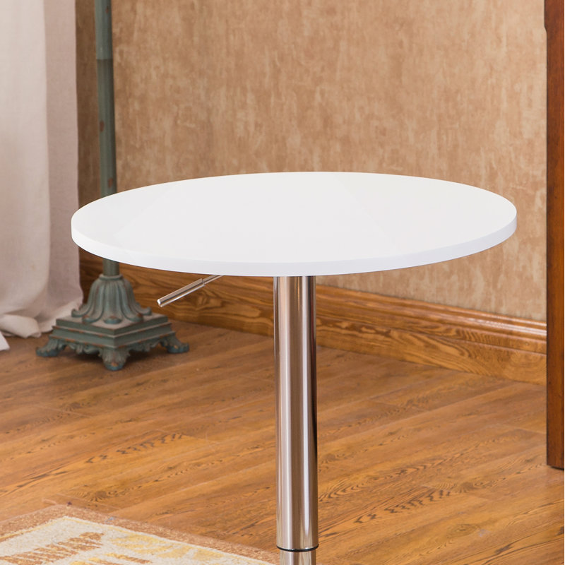 Adjustable Height Wood And Chrome Metal Bar Table And 2 Chrome Air Lift Adjustable Swivel Stools Set, White, White/Silver