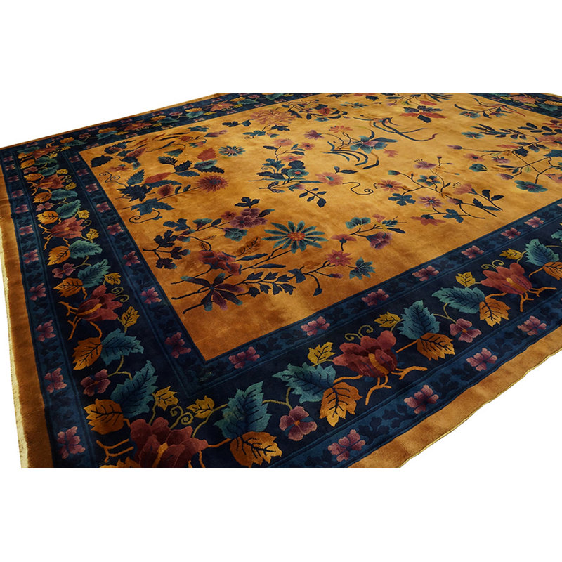 Antique Yellow Gold Color Floral Room Size Chinese Art Deco Carpet