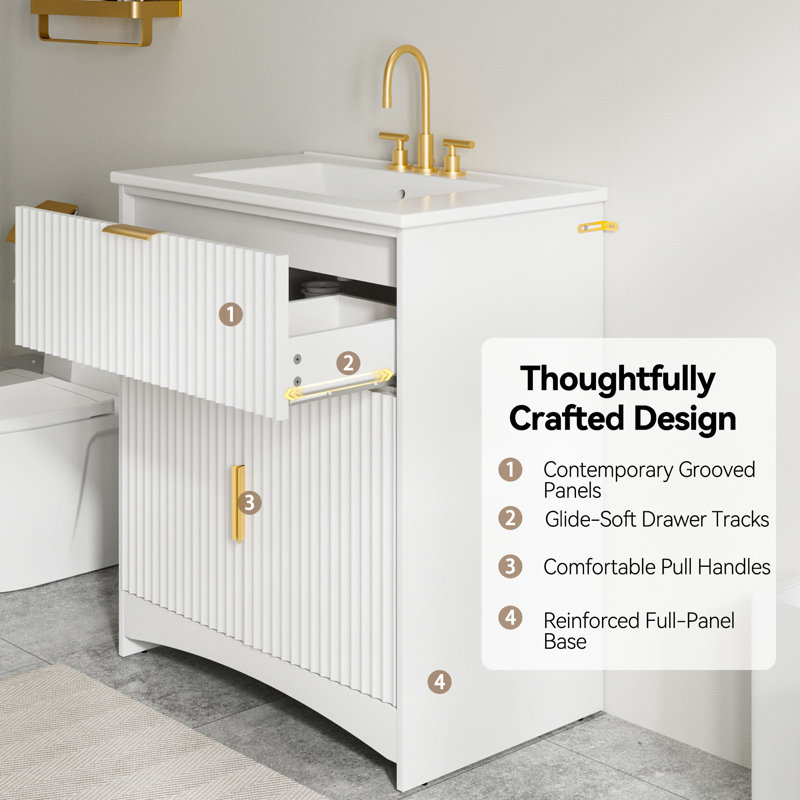 Meuble-lavabo 30 po avec lavabo en céramique, armoire de rangement encastrée cannelée, finition chêne naturel ou blanc, Blanc