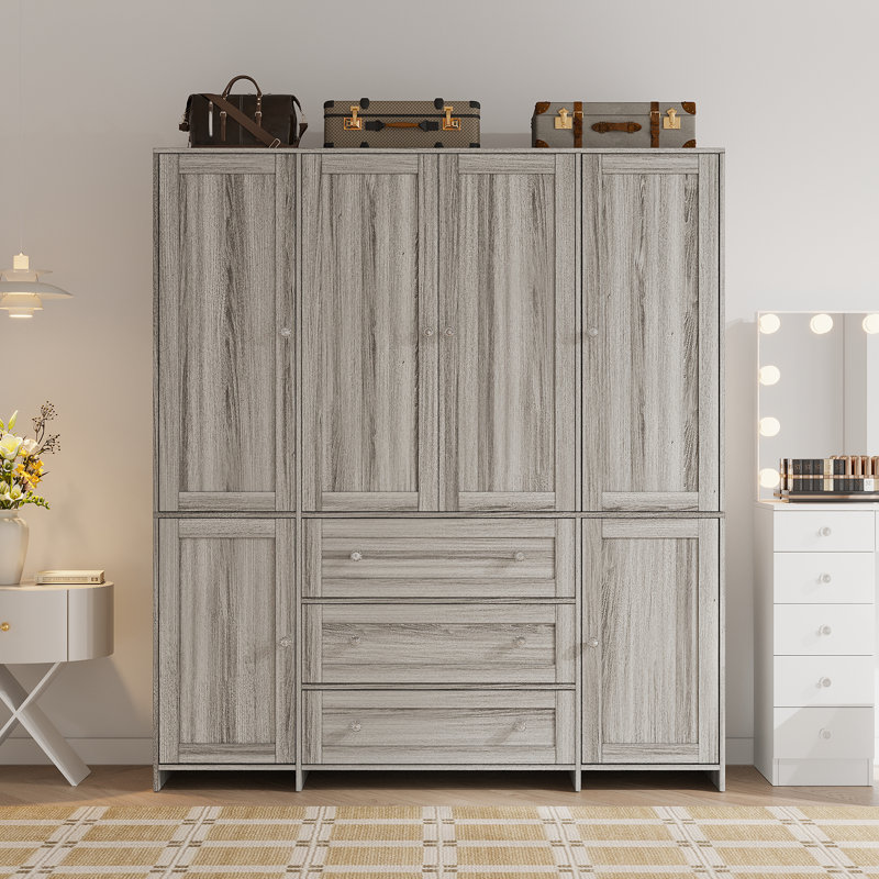 Armoire à 6 portes avec miroir, garde-robe avec 3 tiroirs, Chêne