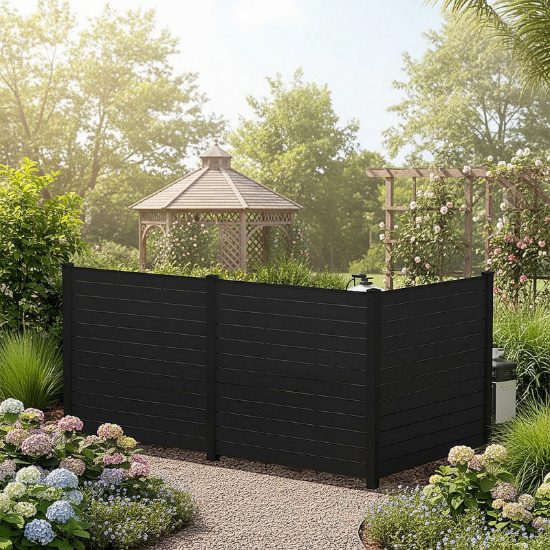 3-Panel Vinyl Privacy Screen – 48" H X 50" W, -Like, 11" Steel Stakes, For AC/Trash/Pool Equipment, Noir