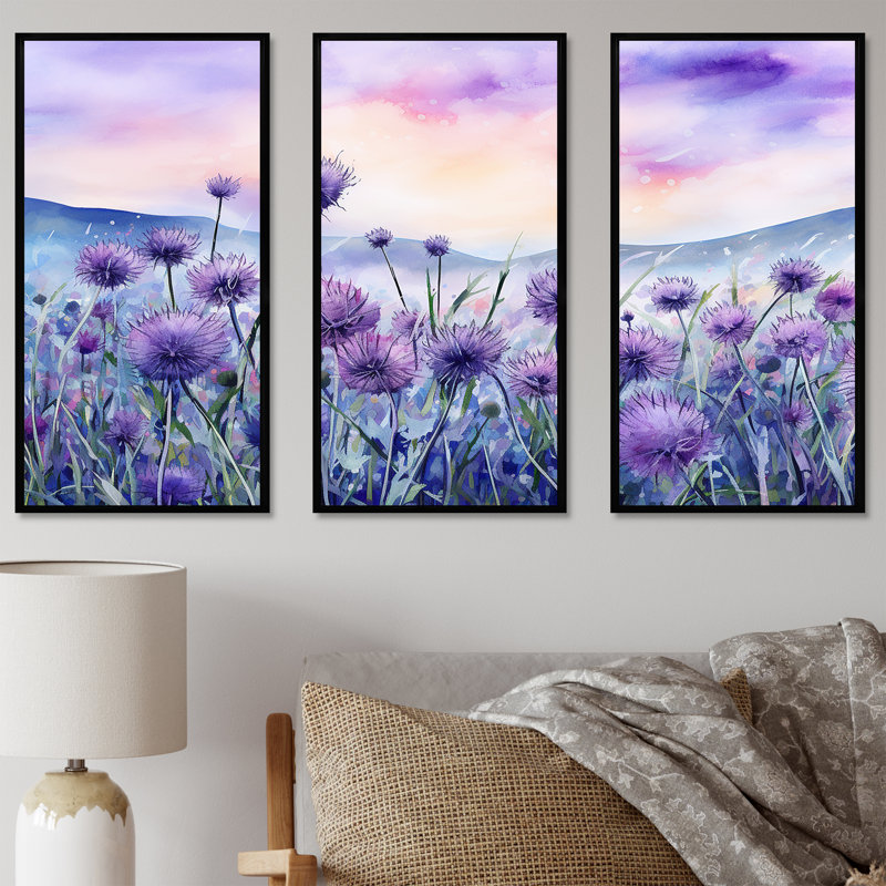 Minimalisme chardon Nature Florescence II - ensemble d'art sur toile champ de fleurs, Cadre flottant noir