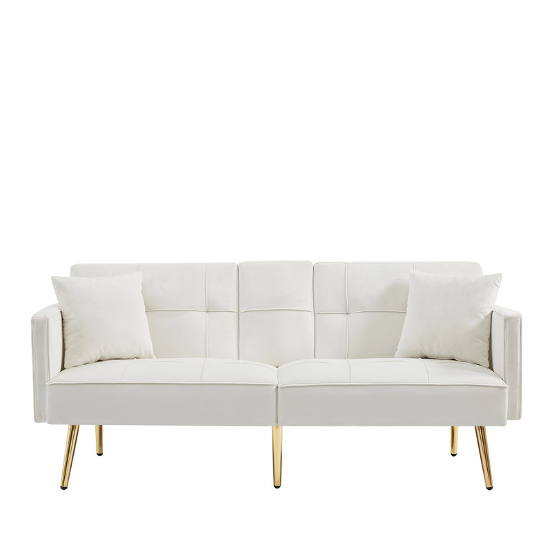 Cream White Velvet Futon With Gold Legs, 3 Adjustable Positions Bed, Back Design, 2, Foam Padding, Side Pockets & Cup Holders Creamy Futon, Angles, Pocket For Essentials, Holder, Comfortable Foam,
