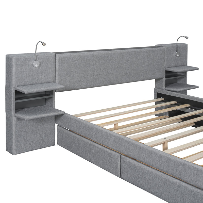 Grand lit plateforme tapissier avec tiroirs et tablettes, Grey