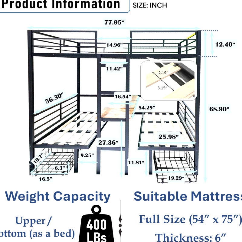 Loft Bed with Table Set Transformable to Bunk, Full