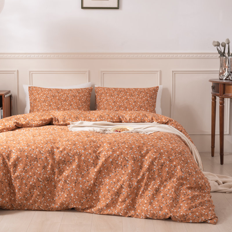 Microfiber Comforter Set, Orange Floral, Queen Comforter + 2 Standard Shams