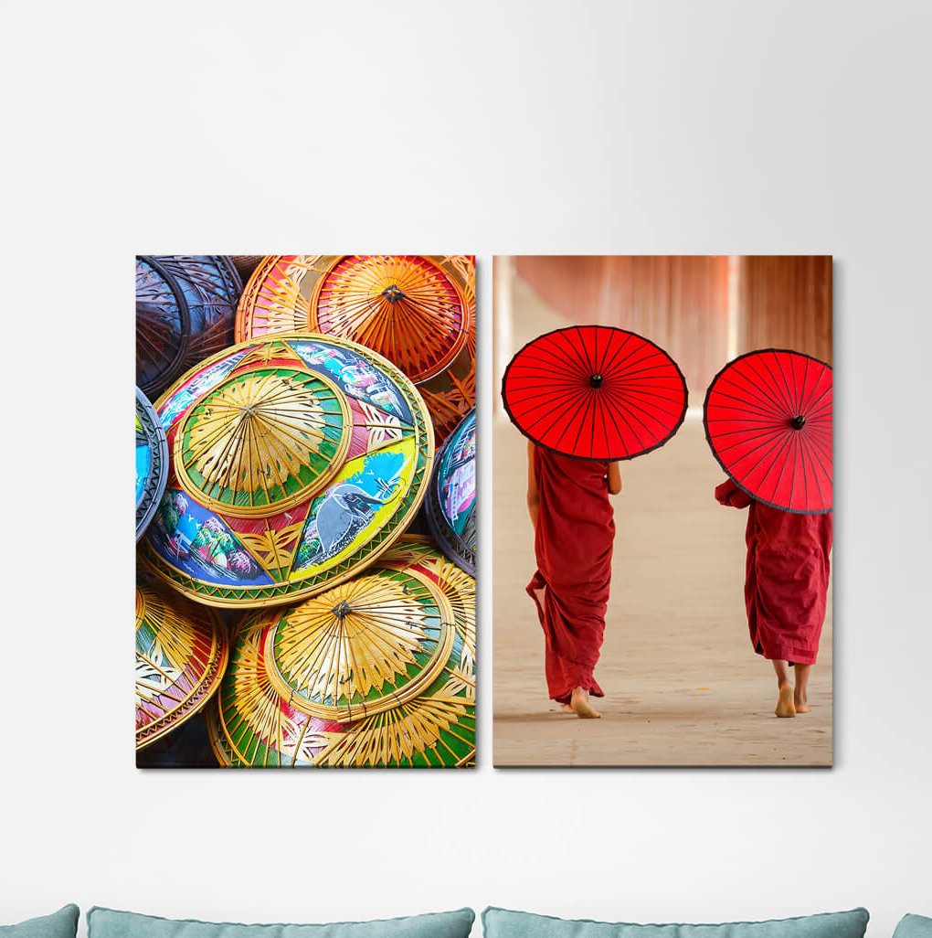 2-tlg. Leinwandbilder-Set - Fotografie „Parasols Paper Umbrellas Monks Buddhism Meditation Asia Yoga”