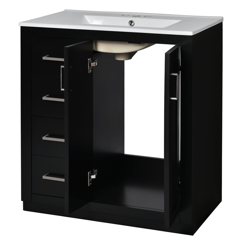 30'' Ceramic Sink Bathroom Vanity - Solid Wood & Material 3 Drawers Classy Storage Solution Black Furniture Cabinet With Basin Frame Organization