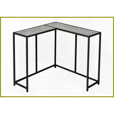 Table basse d'angle moderne pour le salon, table d'angle aspect bois gris avec structure en métal noir robuste
