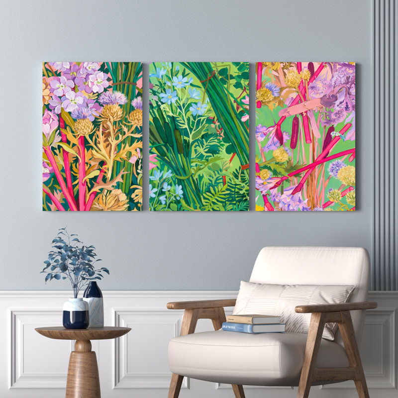 Ensemble de 3 tableaux muraux sur toile tendue représentant un jardin floral, pour la décoration du salon, de la chambre ou du bureau.